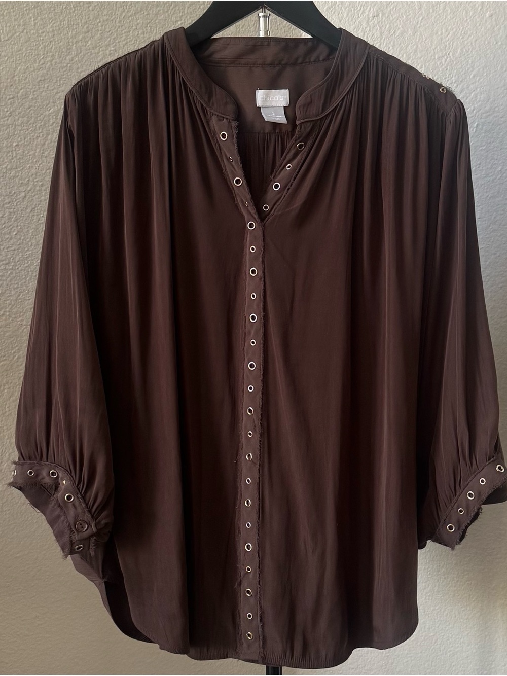 Chico's Brown Eyelet-Trim Casual Button Down Shirt